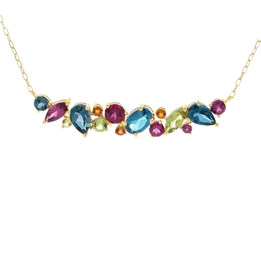 14K Yellow Gold Cluster Necklace | Peridot, Blue Topaz, Rhodolite Garnet, Citrine, Diamond Cable Link Chain