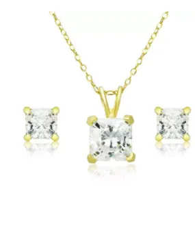 18K Yellow Gold 1ct White Sapphire Square 18 Inch Necklace and Earrings Set Plated