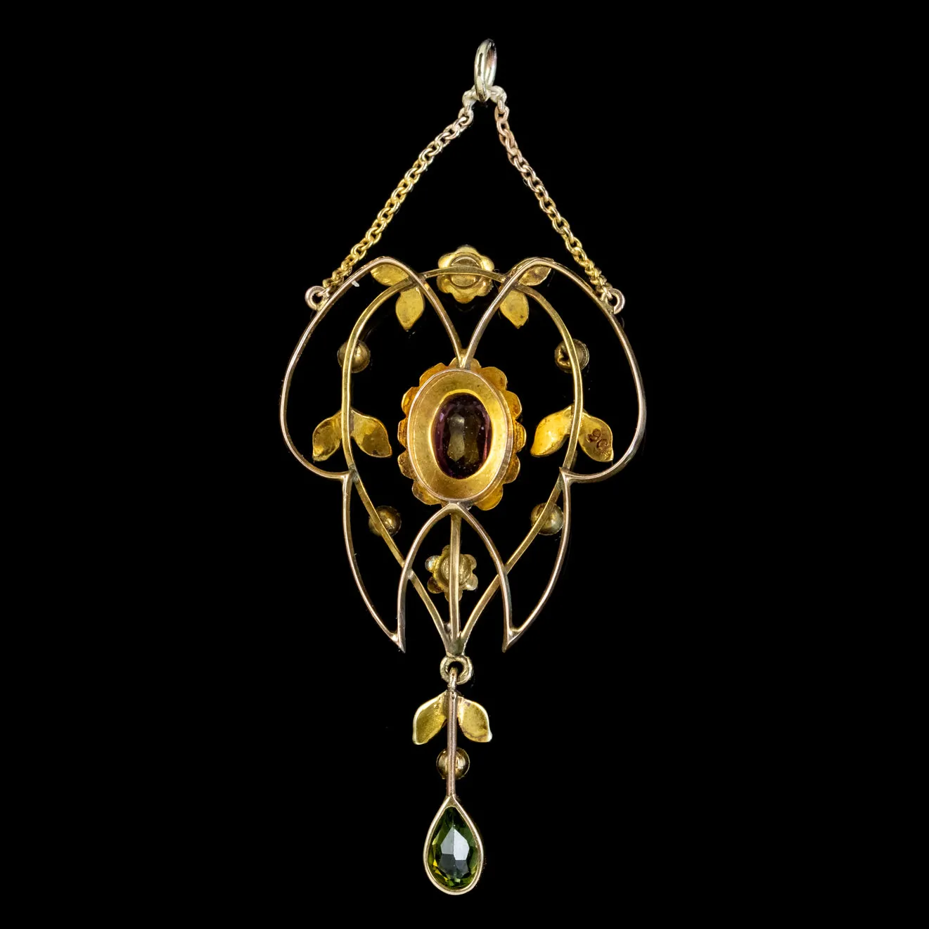 Antique Suffragette Floral Pendant Amethyst Peridot Pearl 9Ct Gold Circa 1910