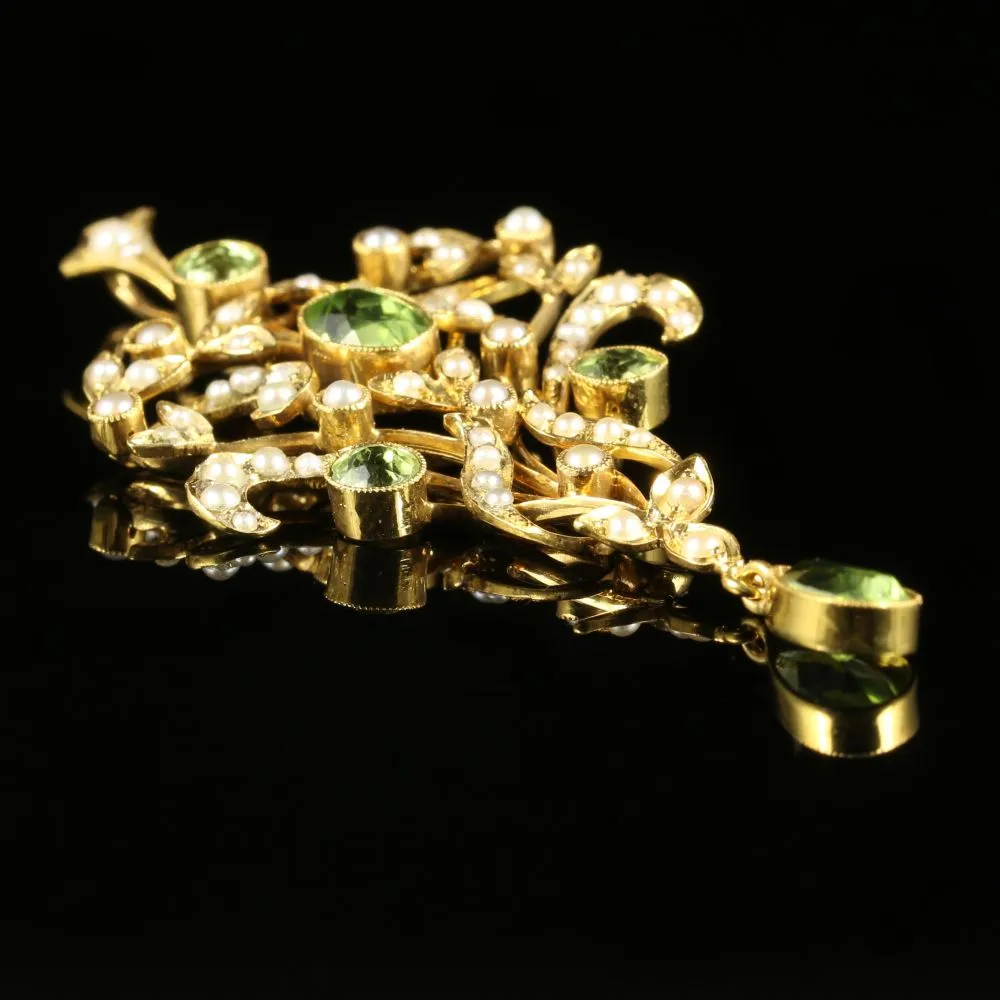 Antique Victorian Peridot Pearl Pendant Circa 1880 15Ct Gold