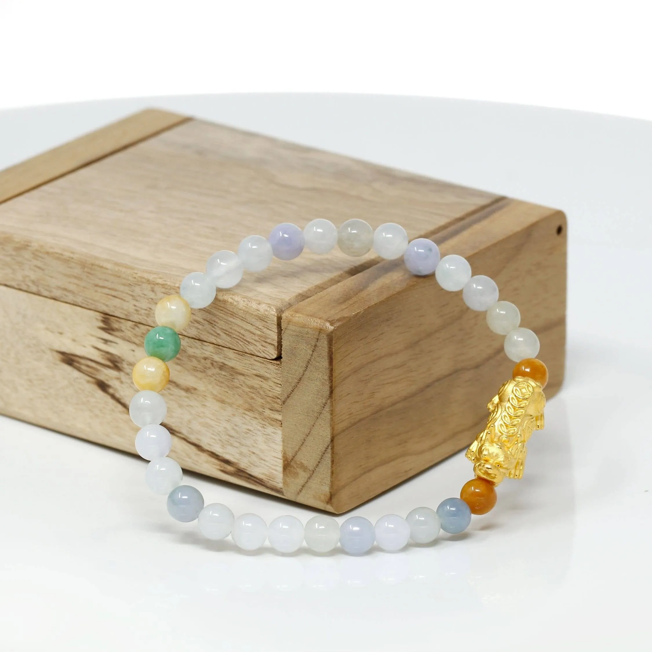 Genuine High-quality Jade Jadeite Bracelet Bangle with 24k Yellow Gold PiXiu Charm Colorful  #422