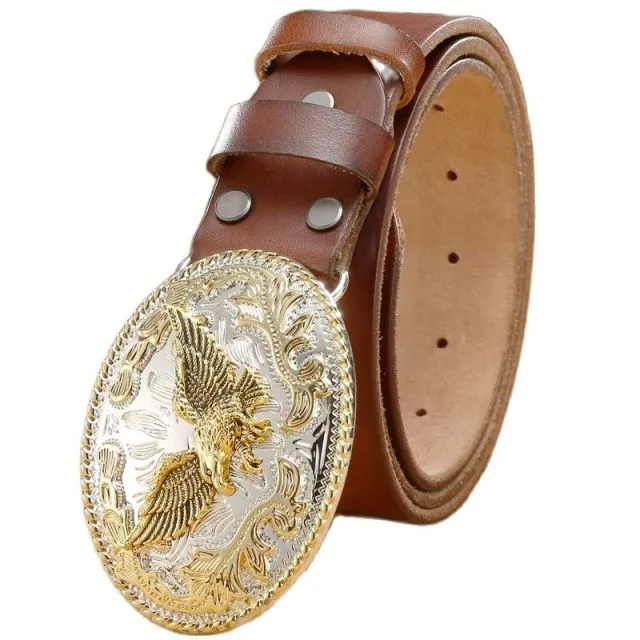 gold eagle big buckle full grain real leather 100% genuine leather hawk mens belts luxury high quality camel brown cowboys women