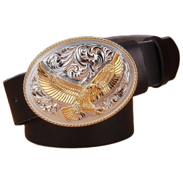 gold eagle big buckle full grain real leather 100% genuine leather hawk mens belts luxury high quality camel brown cowboys women