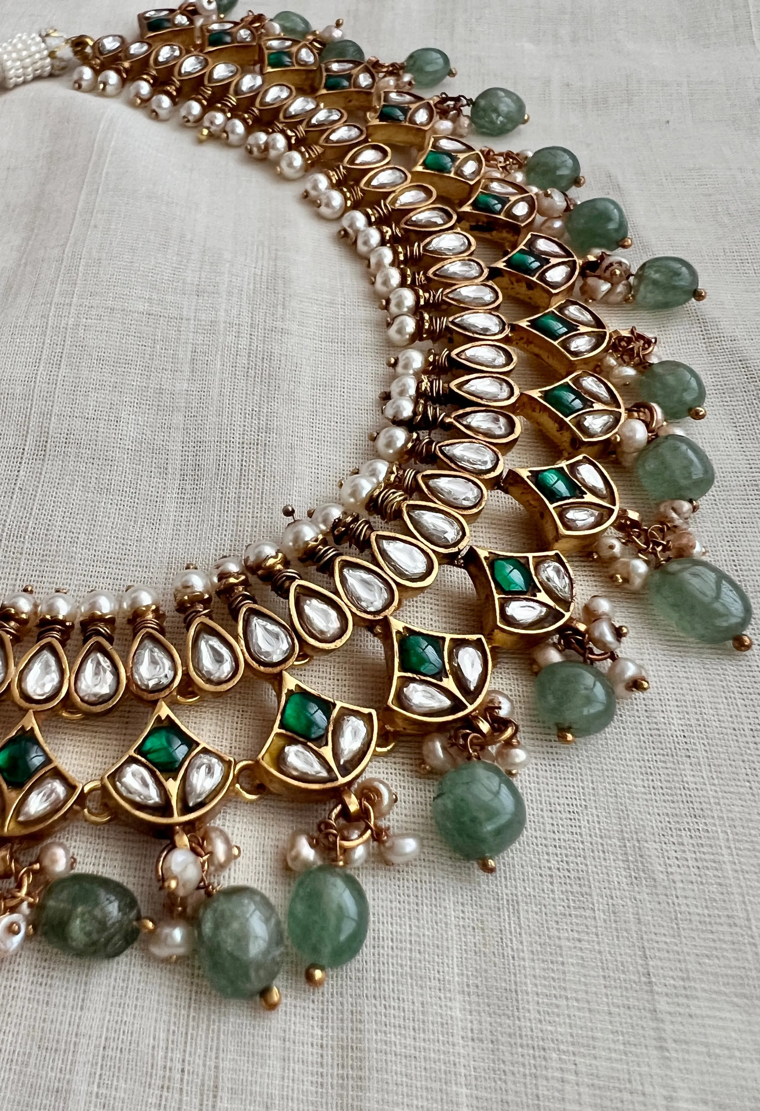 Gold polish kundan & emerald necklace with pearls and jade beads