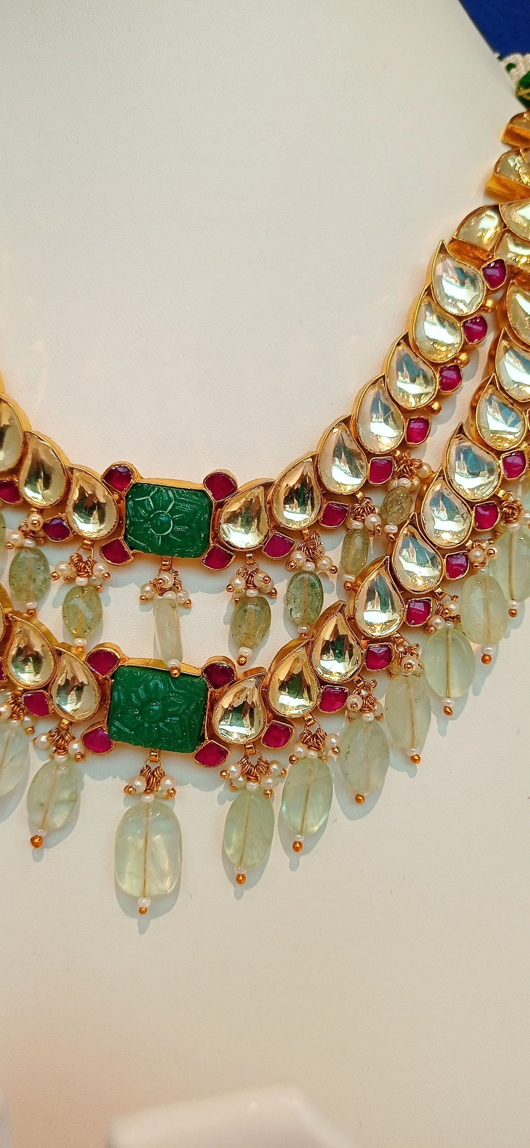 Kavya Double-Strand Kundan Polki Diamond, Ruby Red and Jade Green Necklace and Earrings Set