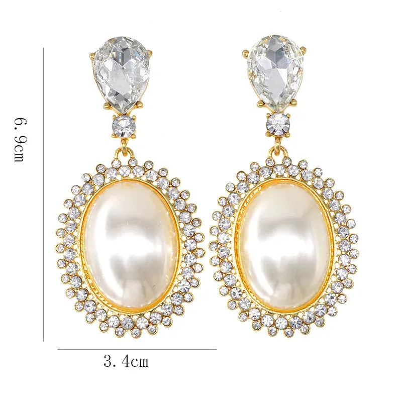 Pre Order:  Big Oval Pearl Crystal Long Drop Earrings