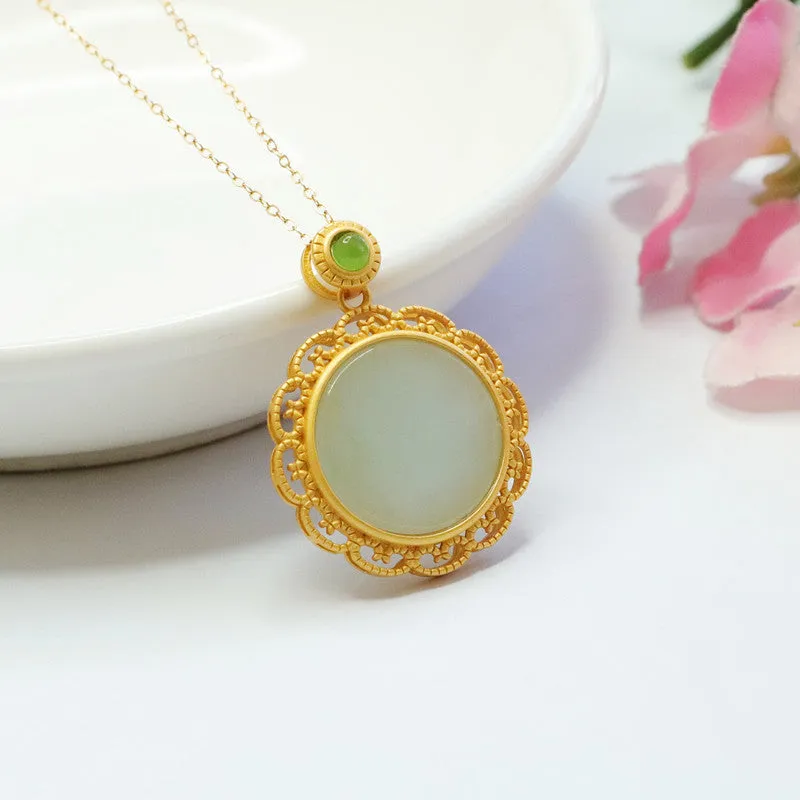 S925 Sterling Silver Flower Necklace with Natural Jade Pendant