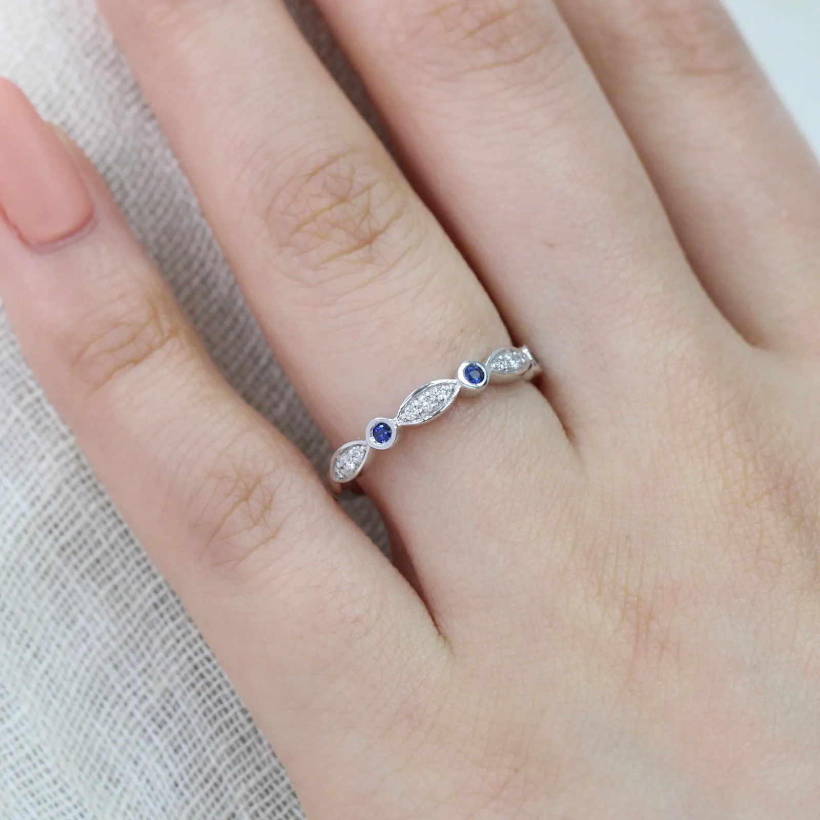 Sapphire and Diamond Wedding Band in Scalloped Bezel Ring
