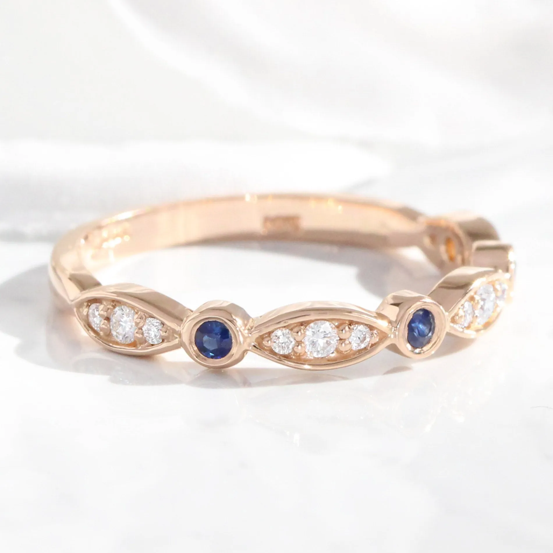 Sapphire and Diamond Wedding Band in Scalloped Bezel Ring