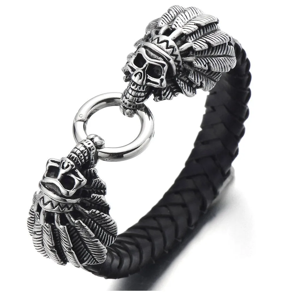 Stainless Steel Mens Indian Skull Bangle Bracelet Genuine Braided Leather Wristband Spring Ring Clasp