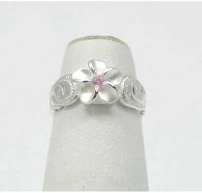STERLING SILVER 925 8MM HAWAIIAN PLUMERIA SCROLL TOE RING CUT OUT EDGE PINK CZ