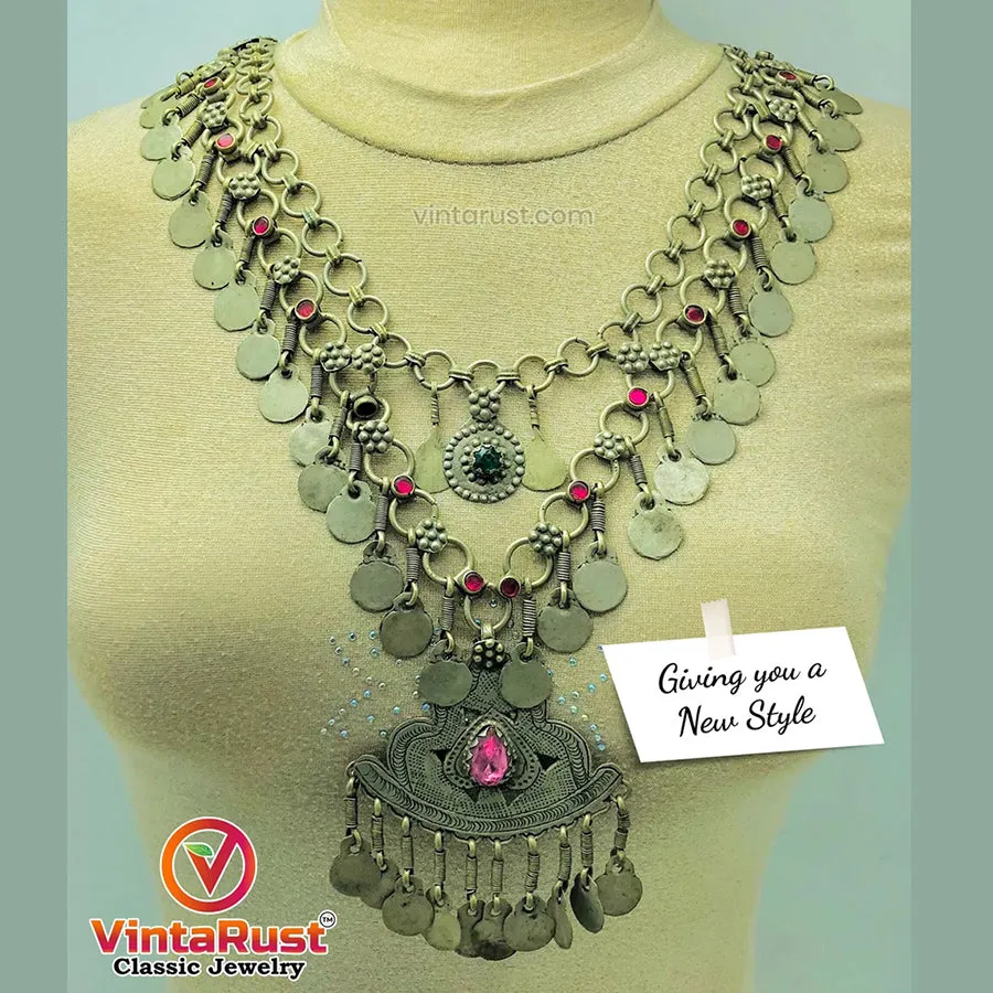 Tribal Pendant Necklace With Pink Glass Stones