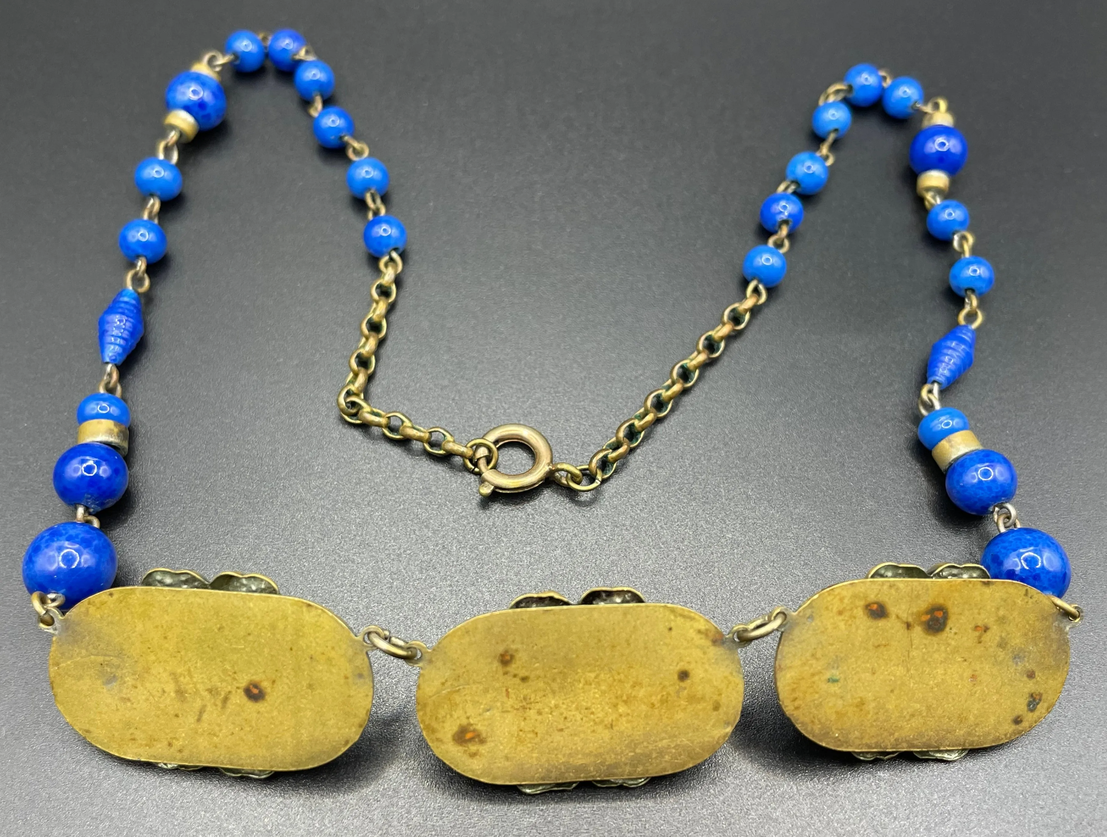 Vintage Art Deco Czech Neiger brothers, Max Neiger faux lapis lazuli glass cabochon and silver / antique gold tone necklace