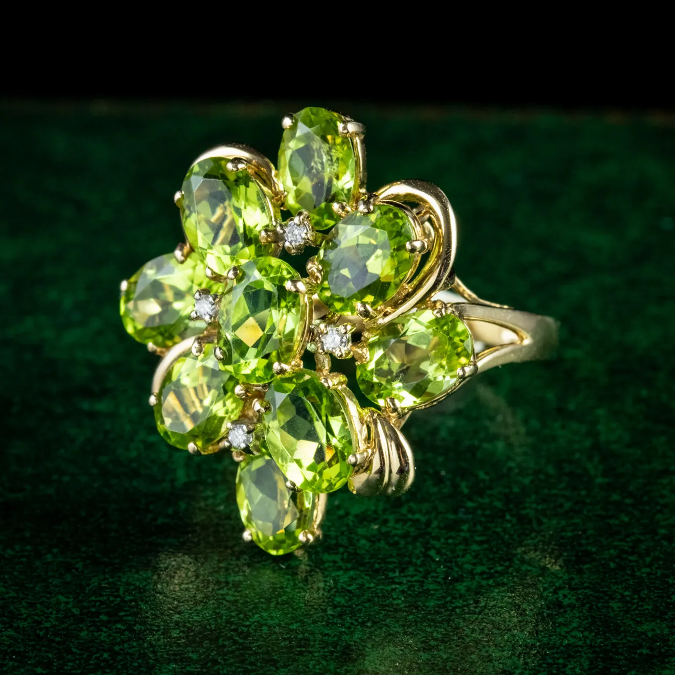 Vintage Peridot Diamond Cluster Ring 14Ct Gold Circa 1960
